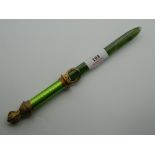 An enamel and silver mounted spinach jade paper knife, bearing Russian marks. 25.5 cm long.