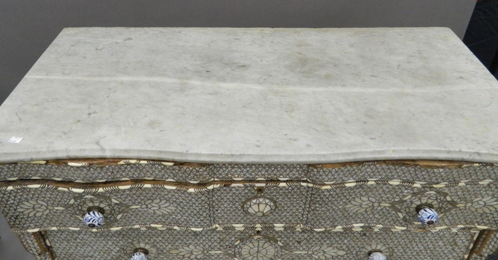 A Syrian mother-of-pearl inlaid chest of drawers with associated marble top. - Image 3 of 25