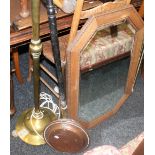 A brass standard lamp, two warming pans, a fire screen and an oak framed mirror.