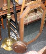 A brass standard lamp, two warming pans, a fire screen and an oak framed mirror.