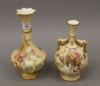 Two Royal Worcester blush ivory florally decorated vases. The largest 26 cm high.