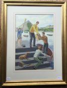 20TH CENTURY SCHOOL, Loading the Boat, bodycolour, framed and glazed. 23 x 33.5 cm.