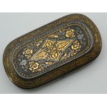 A 19th century gold inlaid iron box. 8.25 cm wide.