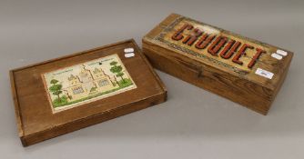 A Victorian boxed table croquet set and a German building blocks set. The former 35 cm wide.