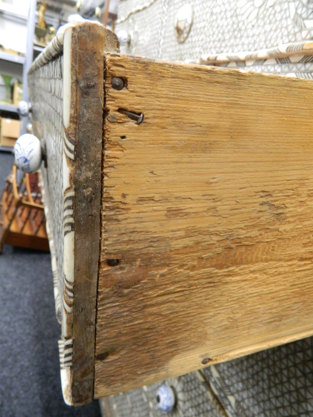 A Syrian mother-of-pearl inlaid chest of drawers with associated marble top. - Image 18 of 25