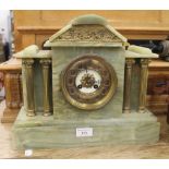 A Victorian onyx mantle clock. 36 cm wide.