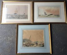 Three 19th century watercolours, Fishermen on the Shore,