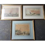 Three 19th century watercolours, Fishermen on the Shore,