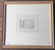 A 19th century pencil sketch, Fisherman and Woman by a Boat, framed and glazed. 9.5 x 6 cm.