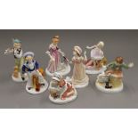 A set of seven Francesca Art China Days of the Week porcelain figurines. The largest 17.5 cm high.