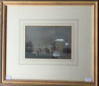 19TH CENTURY SCHOOL, Figures Skating on a River with Bridge Beyond, watercolour, framed and glazed.