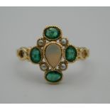 A 9 ct gold Georgian style opal, emerald and pearl ring. Ring Size N/O.
