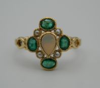 A 9 ct gold Georgian style opal, emerald and pearl ring. Ring Size N/O.