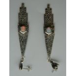 A pair of Art Deco style silver marcasite and opal earrings. 6.5 cm high.