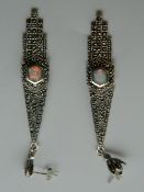 A pair of Art Deco style silver marcasite and opal earrings. 6.5 cm high.