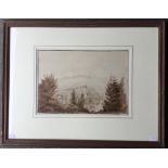 CHARLES SCHNEIDER (circa 1840), View of Baden, sepia pencil and wash, framed and glazed. 39 x 28 cm.