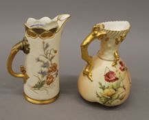 Two Royal Worcester blush ivory jugs. The largest 18.5 cm high.