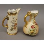 Two Royal Worcester blush ivory jugs. The largest 18.5 cm high.