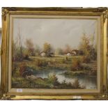 Woodland Scene, oil on canvas, indistinctly signed, framed. 60 x 49 cm.