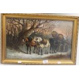 Horses Pulling a Log Cart, oil on canvas, framed. 49 x 29 cm.
