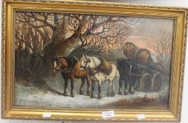 Horses Pulling a Log Cart, oil on canvas, framed. 49 x 29 cm.