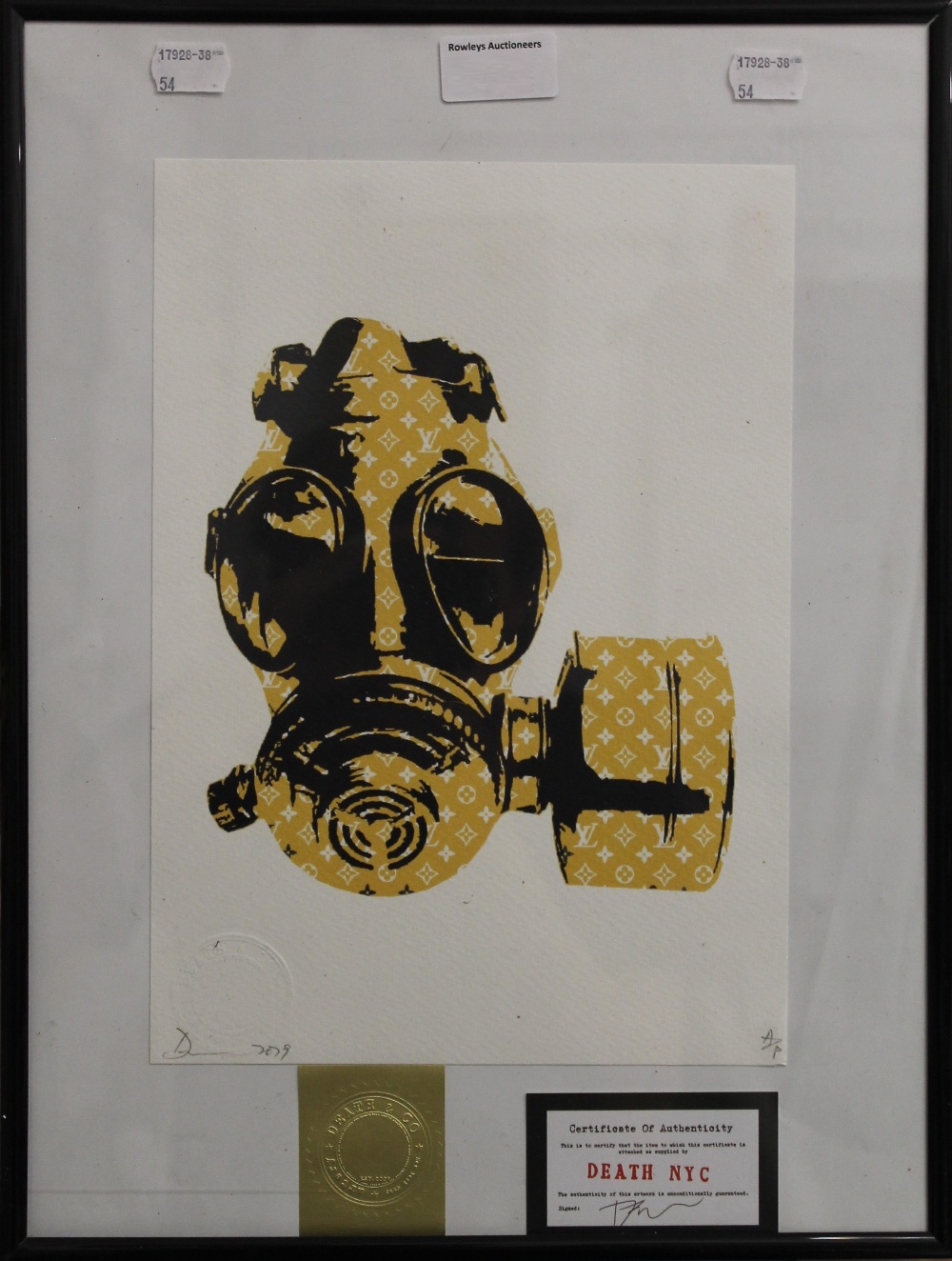 Death NYC, Gas Mask, framed and glazed. 20.5 x 29.5 cm.