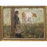 Cattle Grazing with Shepherdess Leaning against a Tree, oil on canvas, indistinctly signed, framed.