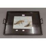 A tray set with an ARCHIBALD THORBURN print. 51 cm wide.