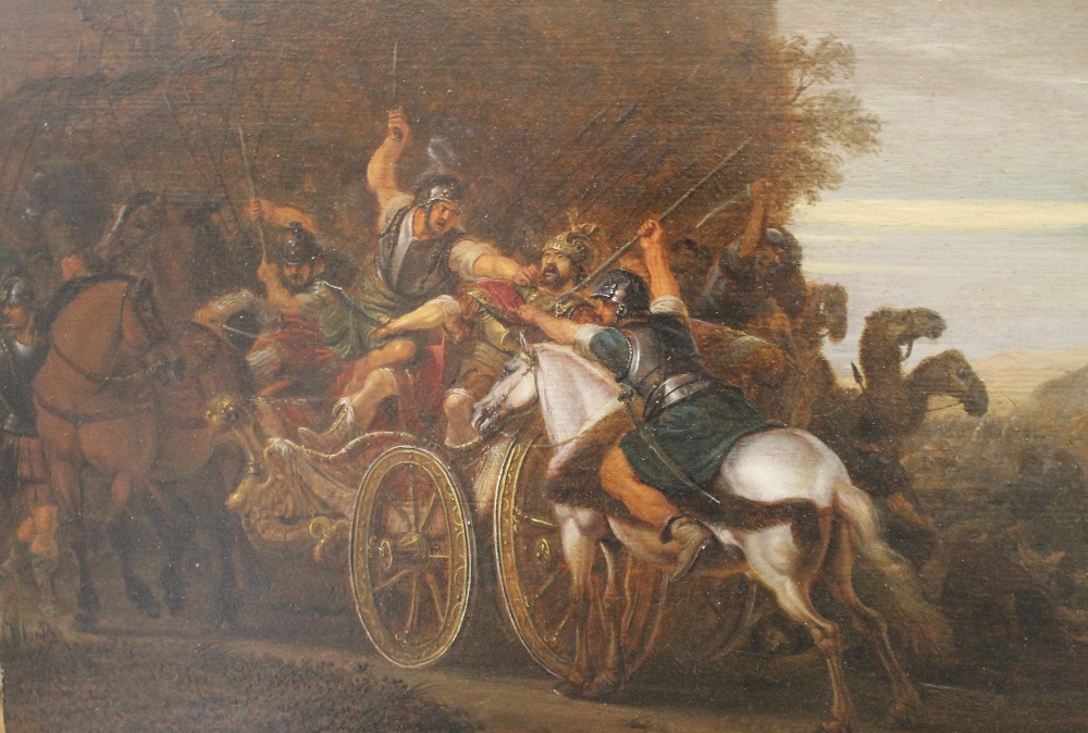 Attributed to JACQUES COURTOIS (17th century), Antiquity Battle Scene, oil on board. 55.5 x 42.5 cm. - Image 2 of 3