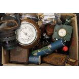 A quantity of miscellaneous items including: dominoes, a gas mask, clocks, etc.