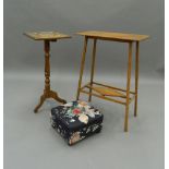 A Victorian satinwood side table, a bone inlaid side table and a stool. The former 54.5 cm long.