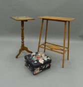 A Victorian satinwood side table, a bone inlaid side table and a stool. The former 54.5 cm long.