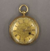 An 18 ct gold fob watch. 3.5 cm diameter. 44.4 grammes total weight.