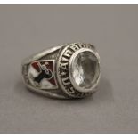 A silver and enamel US Army Special Airborne Services ring. Ring Size Q/R.