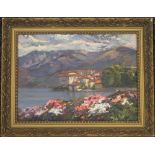 Italian Lake Scene, oil on board, indistinctly signed to reverse, dated 1947, framed. 38 x 28 cm.