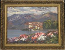 Italian Lake Scene, oil on board, indistinctly signed to reverse, dated 1947, framed. 38 x 28 cm.