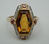 A 9 ct gold Art Deco style citrine, pink sapphire and diamond ring. Ring size L/M.