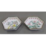 A pair of hexagonal enamel dishes. 16.5 cm wide.