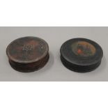 Two 19th century papier mache snuff boxes. Each 7.5 cm diameter.