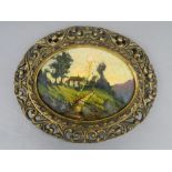 CONTINENTAL SCHOOL, Rural Cottage, oil, oval framed. 34 cm wide overall.