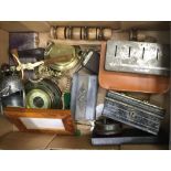 A quantity of miscellaneous items, including cash box, cigarette box, Bakelite fishing reel, etc.