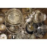 A box of various silver plated items