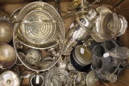 A box of various silver plated items