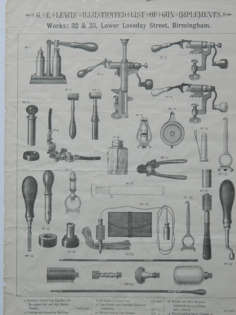 A framed Victorian print of Gun Implements. 28 x 24 cm. - Image 2 of 2