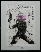 Cyber Punk Post-Apocalyptic Art by Mashiene II, framed and glazed. 29.5 x 41.5 cm.