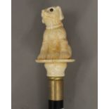 A walking stick with a carved bone handle formed as a dog. 99 cm long.