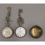 Two 19th century silver pocket watches on chains and a brass pocket watch case.