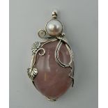 A silver rose quartz and pearl pendant. 6 cm high.