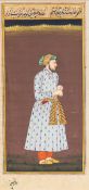 A 19th century Persian miniature on paper, depicting a formally dressed gentleman and calligraphy,