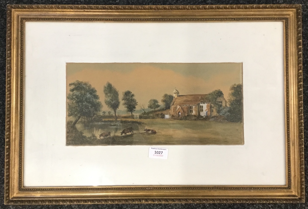 A Victorian watercolour, Cattle by a Pond, framed and glazed. 35.5 x 16.5 cm.
